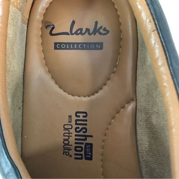 CLARKS COLLECTION Cushion Ortholite Black Leather Oxford Slip On Shoes Sz 11